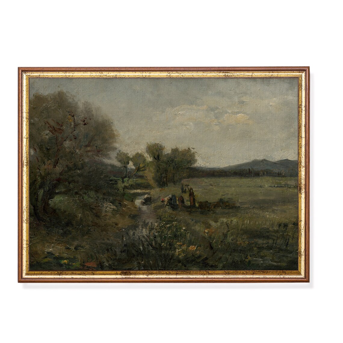 Muted Meadow Stream Figures Antique Pastoral Landscape Painting Poster