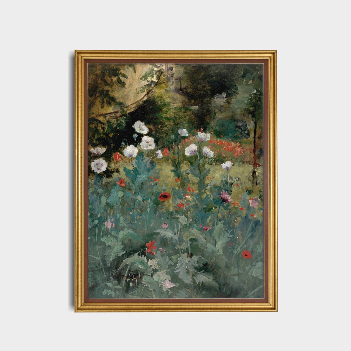 Vintage Landscape Painting, Antique Flower Meadow Poppies - Image 3