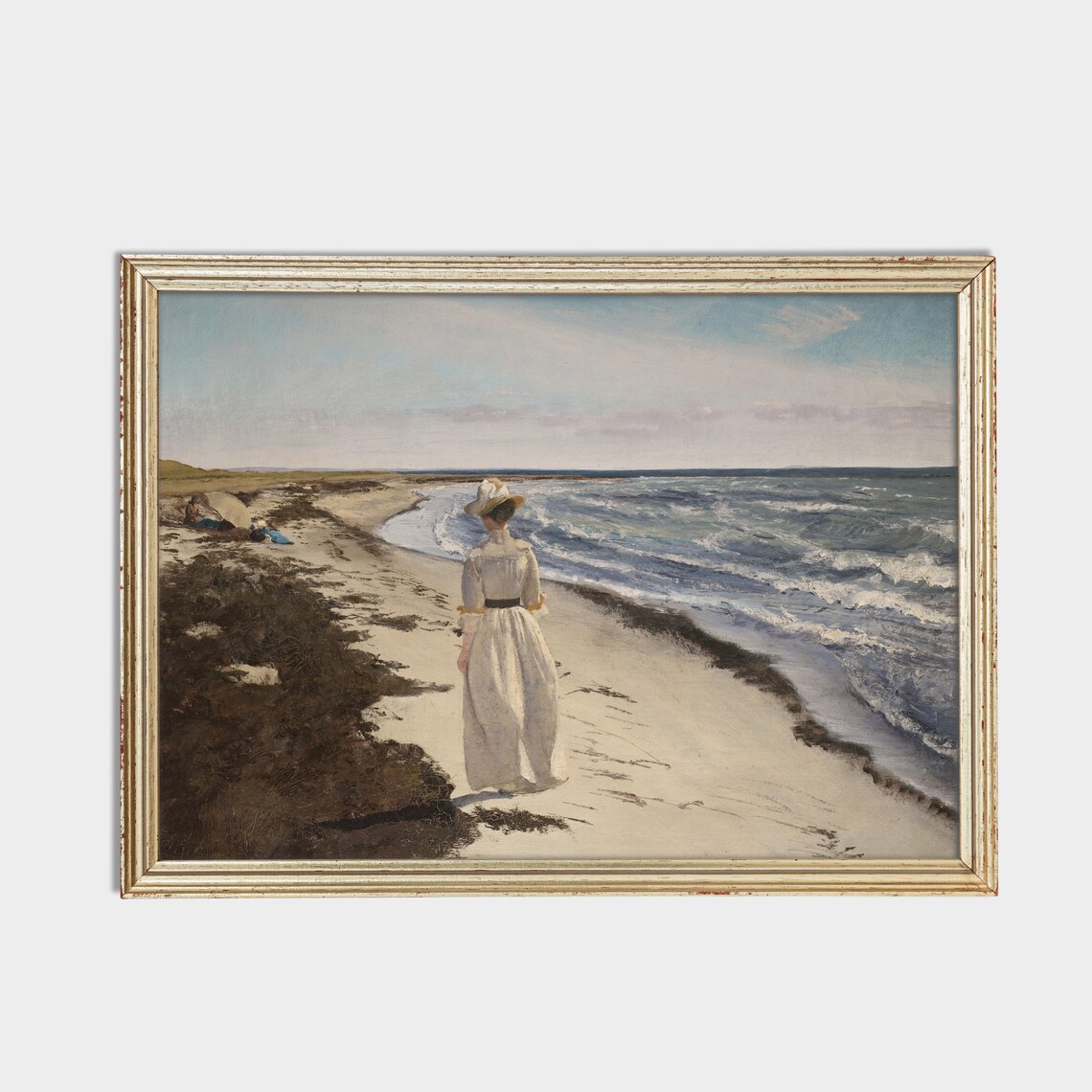 Woman in White Dress Walking the Beach Vintage Seascape Poster - Image 2