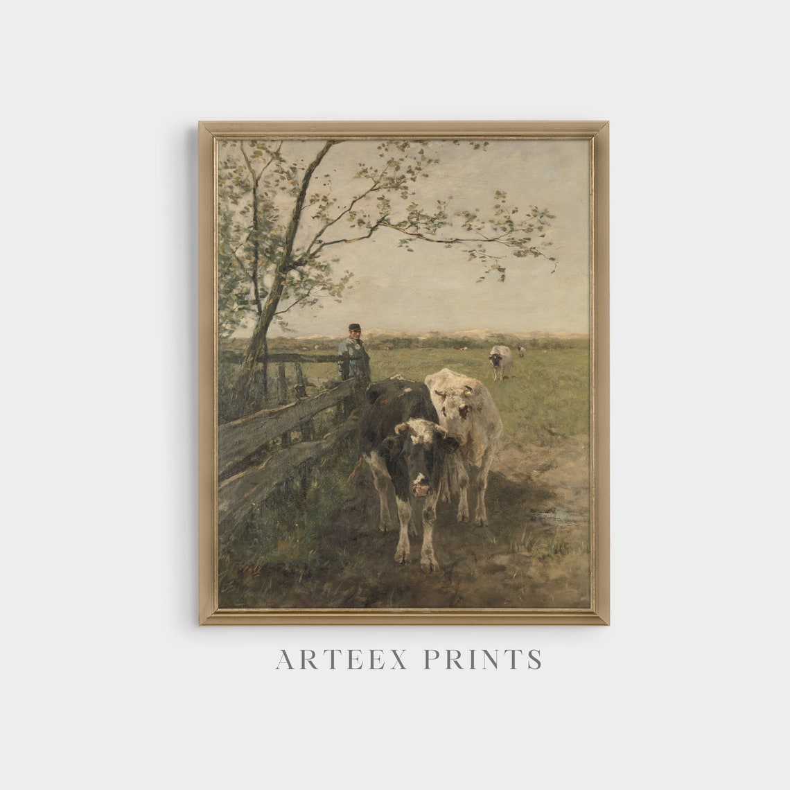 Cows in a Green Pasture with Herdsman Antique Rural Landscape Poster - Image 4