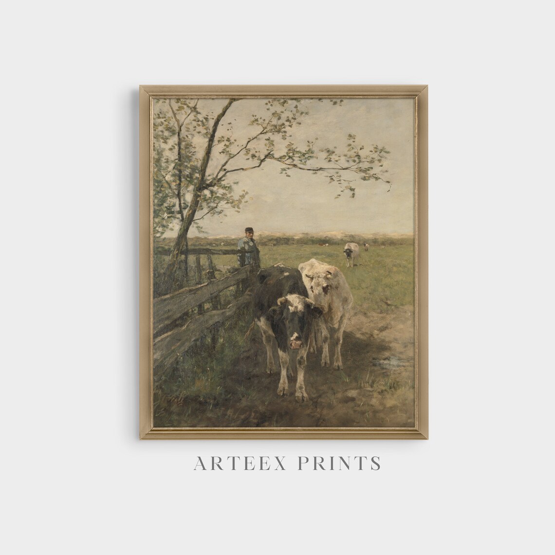 Farm Boy With Two Cows at a Fence Antique Pastoral Scene Poster - Image 3