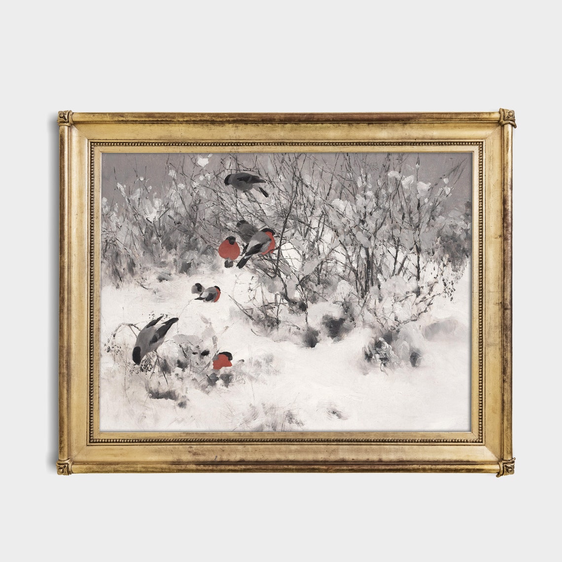 Bullfinches Perched on Snowy Branches Antique Winter Bird Poster - Image 2