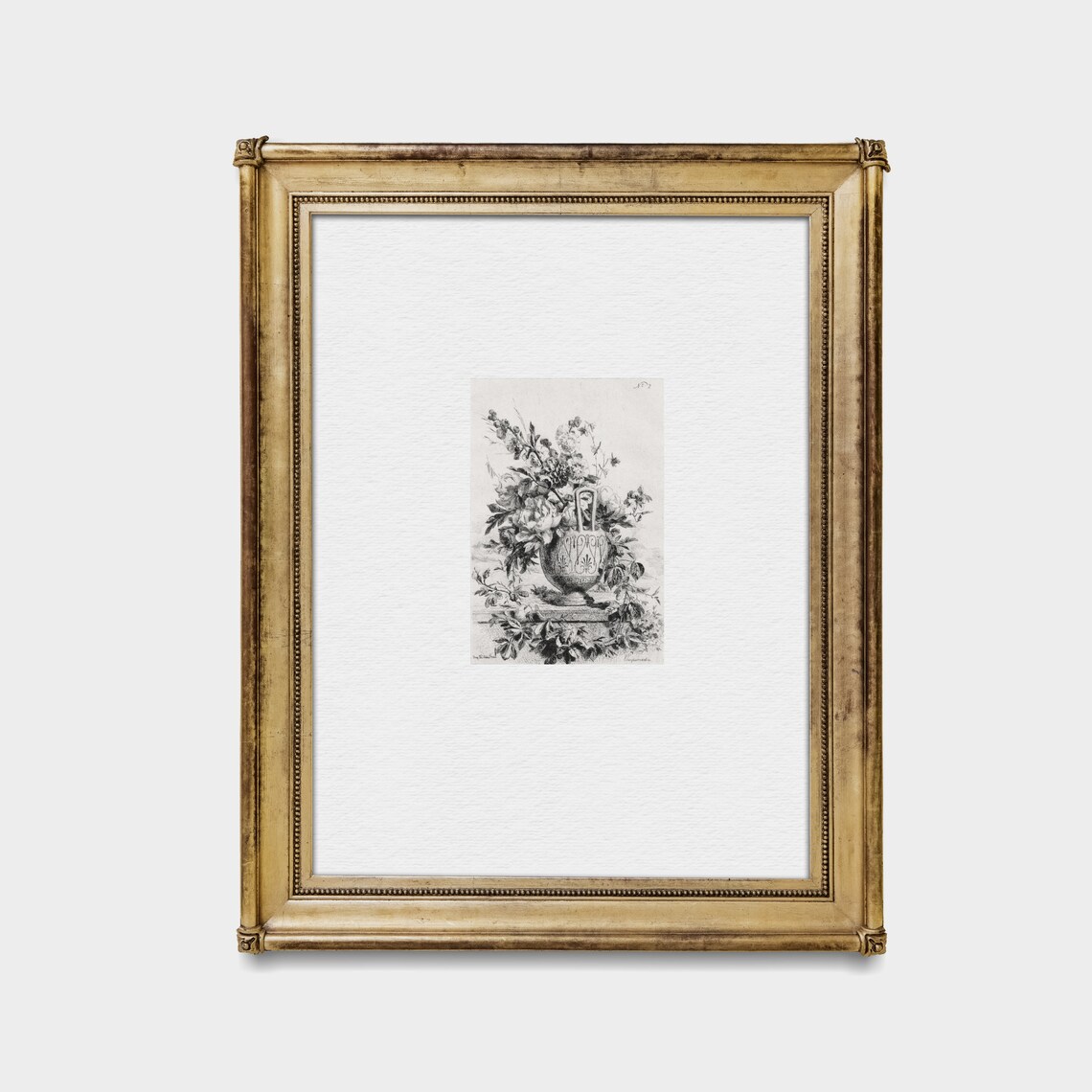 Black and White Floral Etching of Flowers in an Urn Vintage Art Print - Image 3