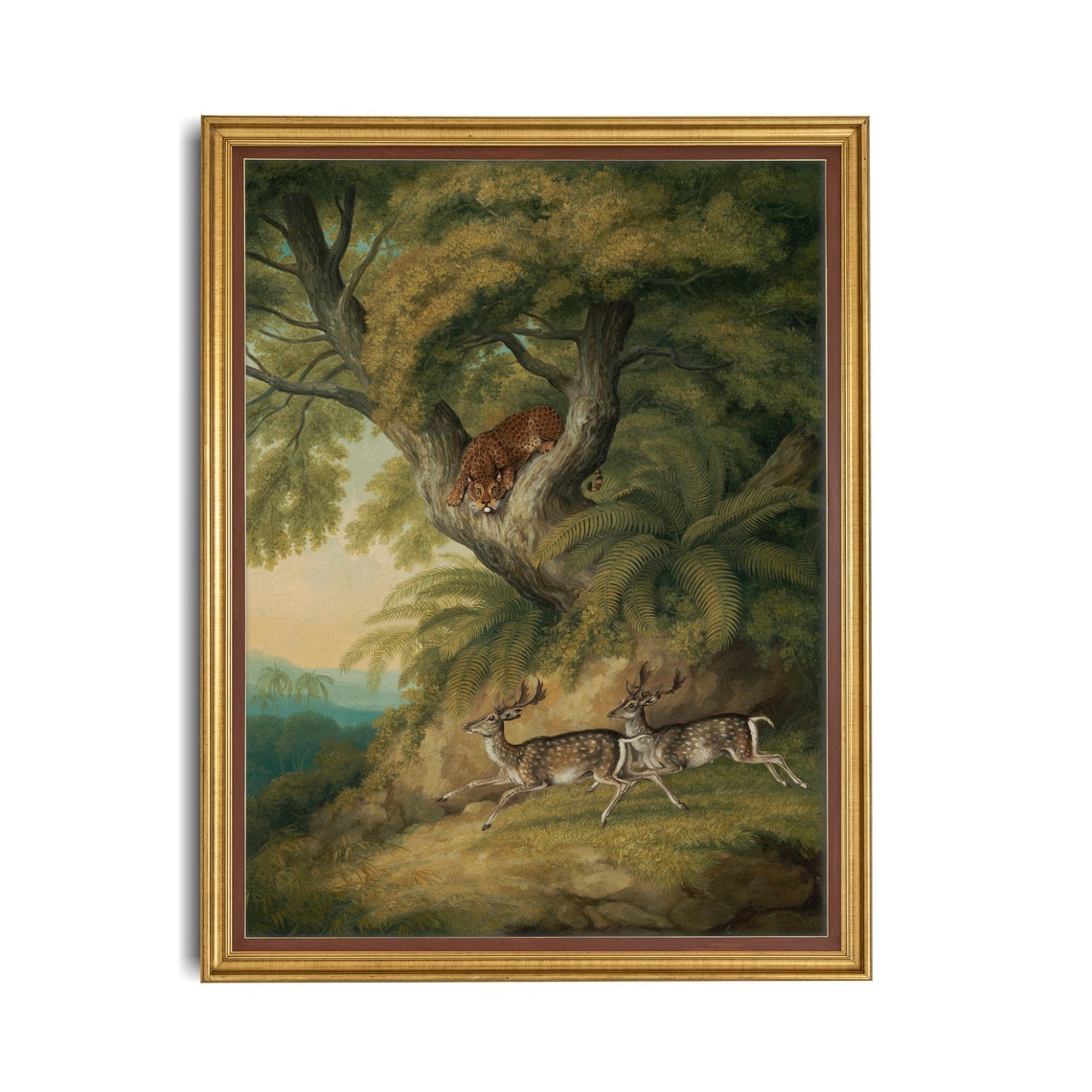 Leopard In Tree Watching Spotted Deer Fleeing Jungle Painting Poster - Image 2