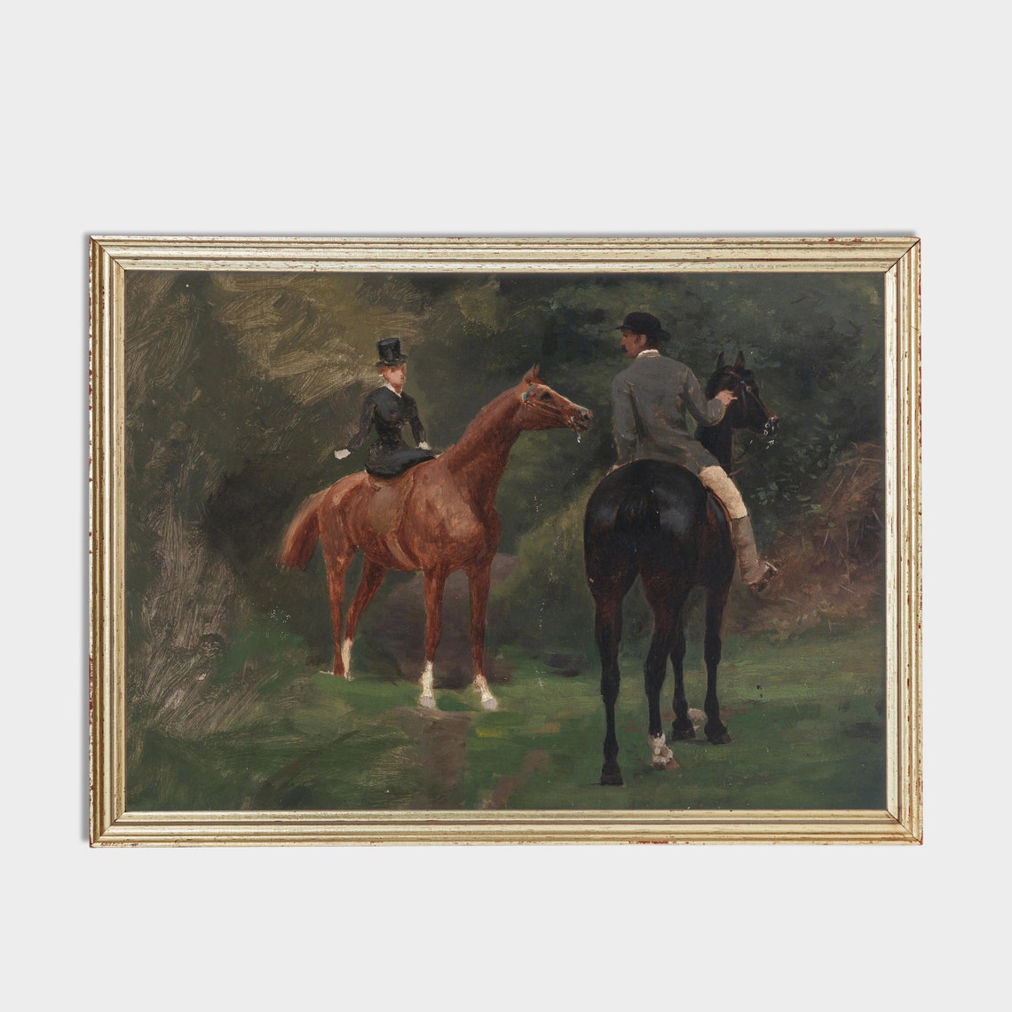 Lady and Gentleman on Horseback in a Dark Forest Antique Poster - Image 2