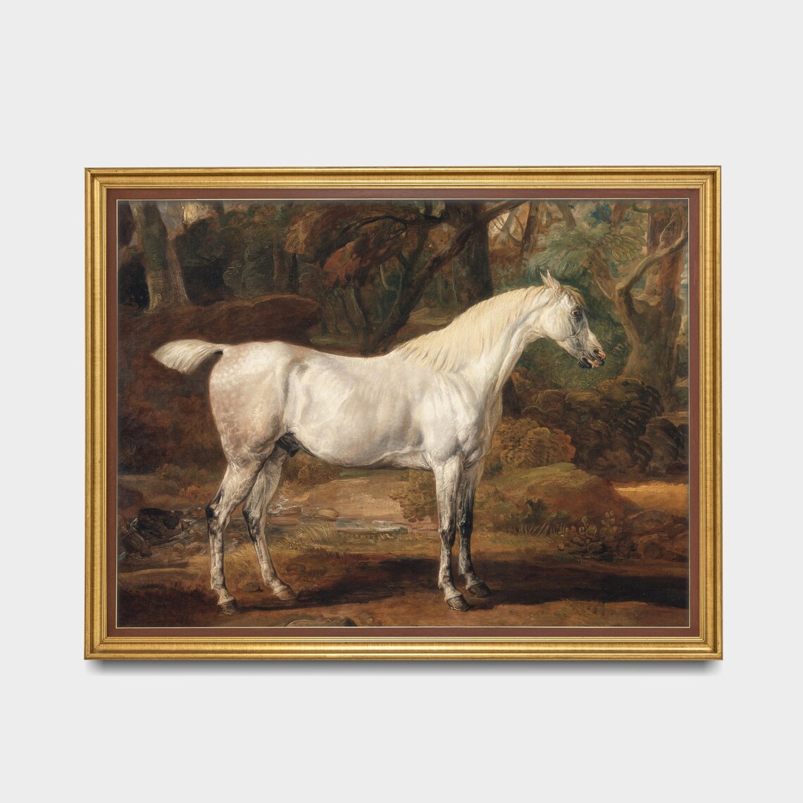 White Horse Standing in Woodland Antique Equine Painting Poster - Image 3