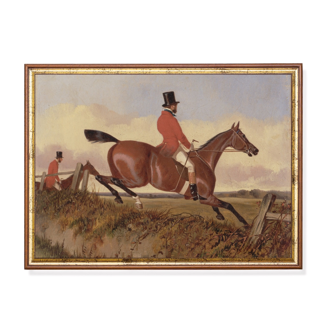 Vintage Fox Hunting Scene of a Rider in Red Jumping a Fence Poster