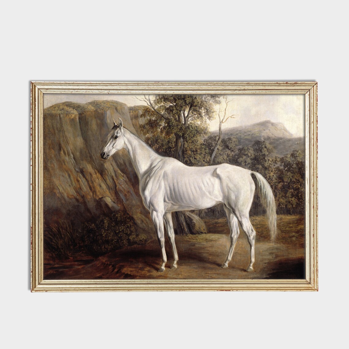 White Horse Before Rocky Cliffs Vintage Equine Landscape Oil Poster - Image 2