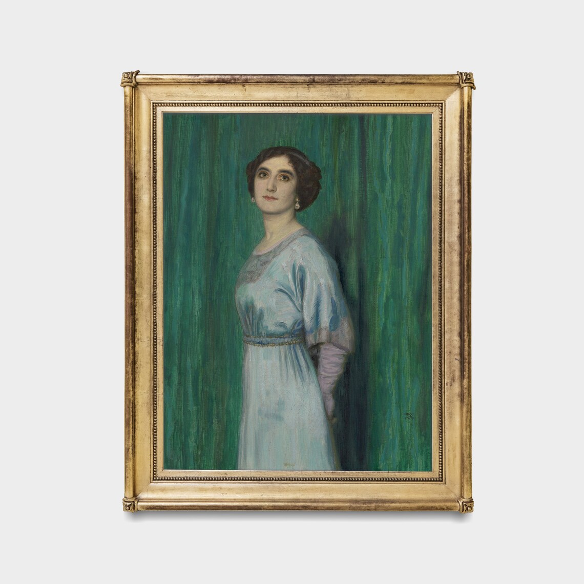 Elegant Woman In Pale Blue Dress Against Green Vintage Portrait Poster - Image 3
