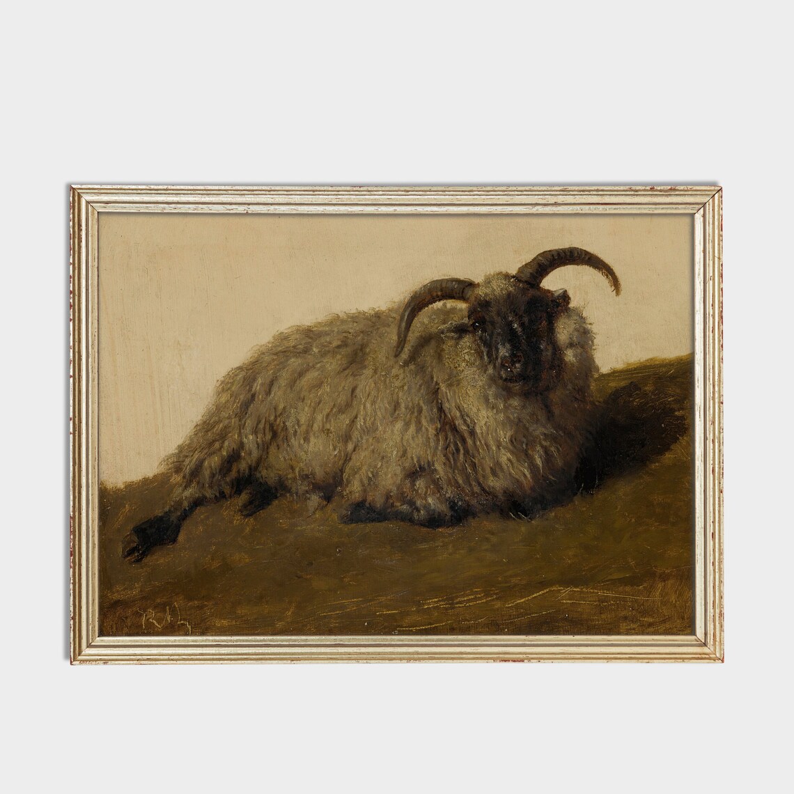 Horned Ram Resting on a Hillside Vintage Farm Animal Oil Poster - Image 2