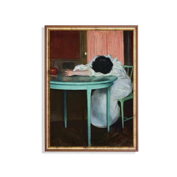 Antique Woman Resting At Green Table Interior Painting Wall Poster