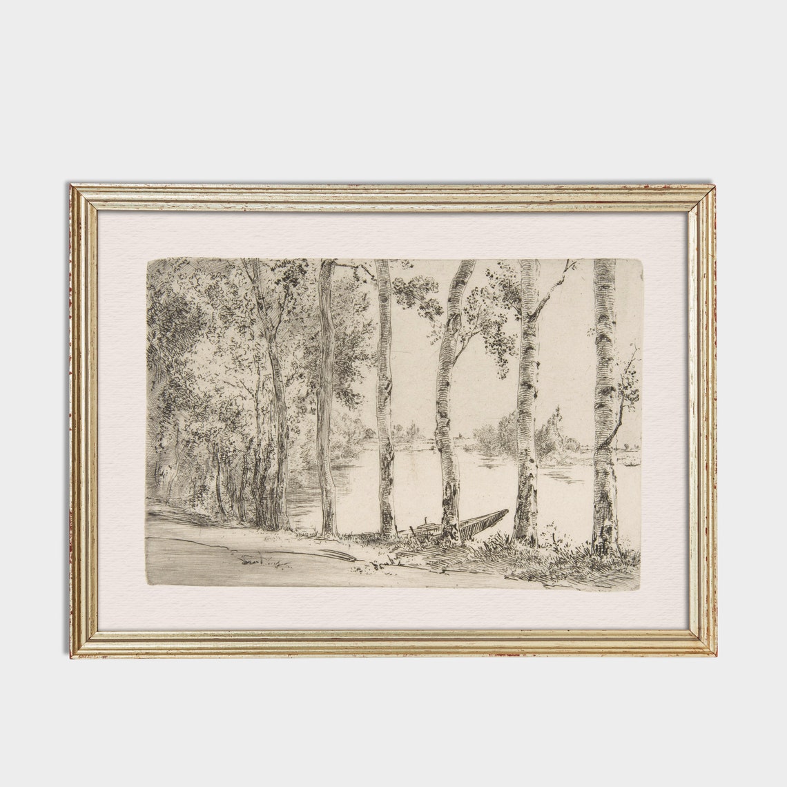 Tall Poplar Trees by a River with a Moored Boat Etching Poster - Image 2
