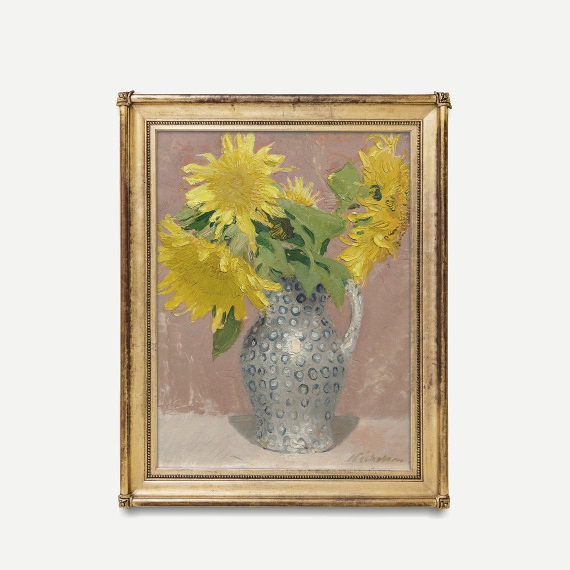 Sunflowers in Blue Spotted Pitcher Antique Floral Still Life Poster - Image 2