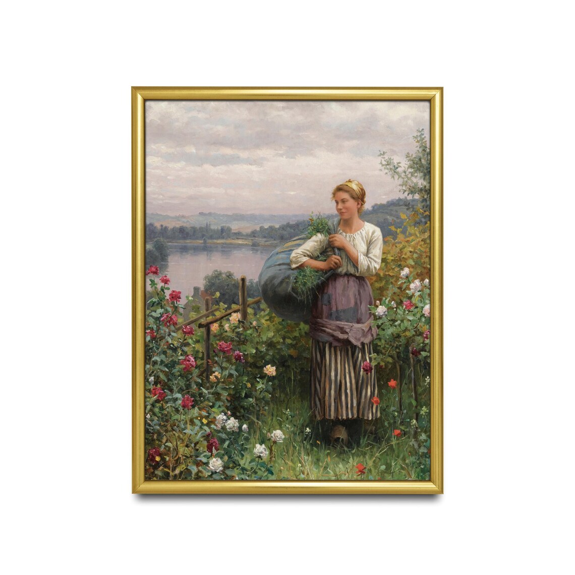 Young Woman Carrying Wildflowers in a Blooming Rose Garden Poster - Image 2