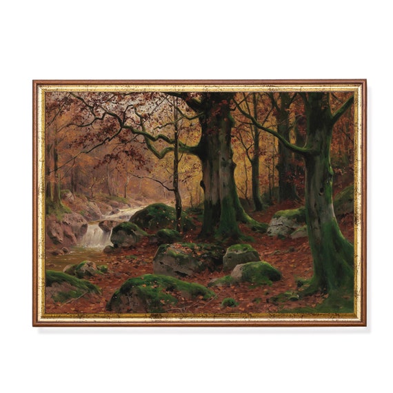 Vintage Fall Landscape Antique Autumn Painting Moody Rustic Print Wall Art Farmhouse Decor Fine Art