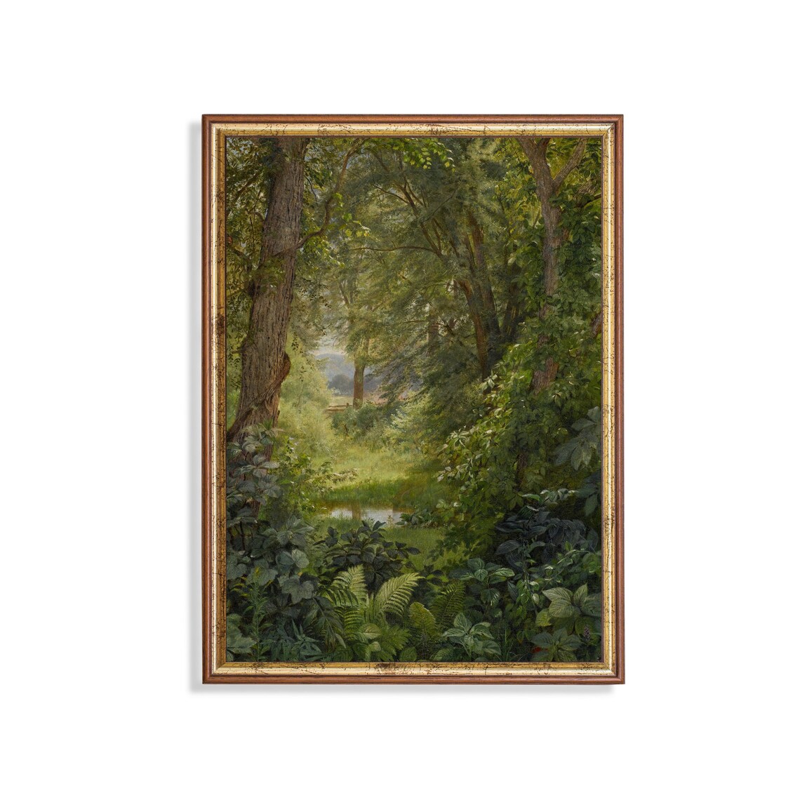 Vintage Landscape Painting, Farmhouse Forest Print