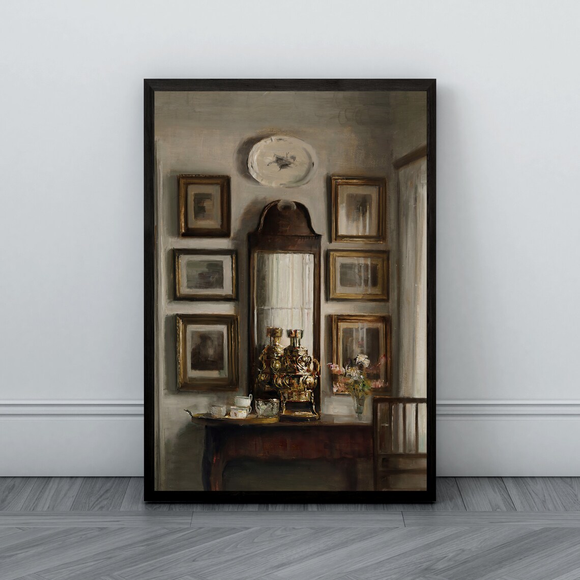 Danish Interior With Antique Clock Brass Kettles and Pictures Poster - Image 2