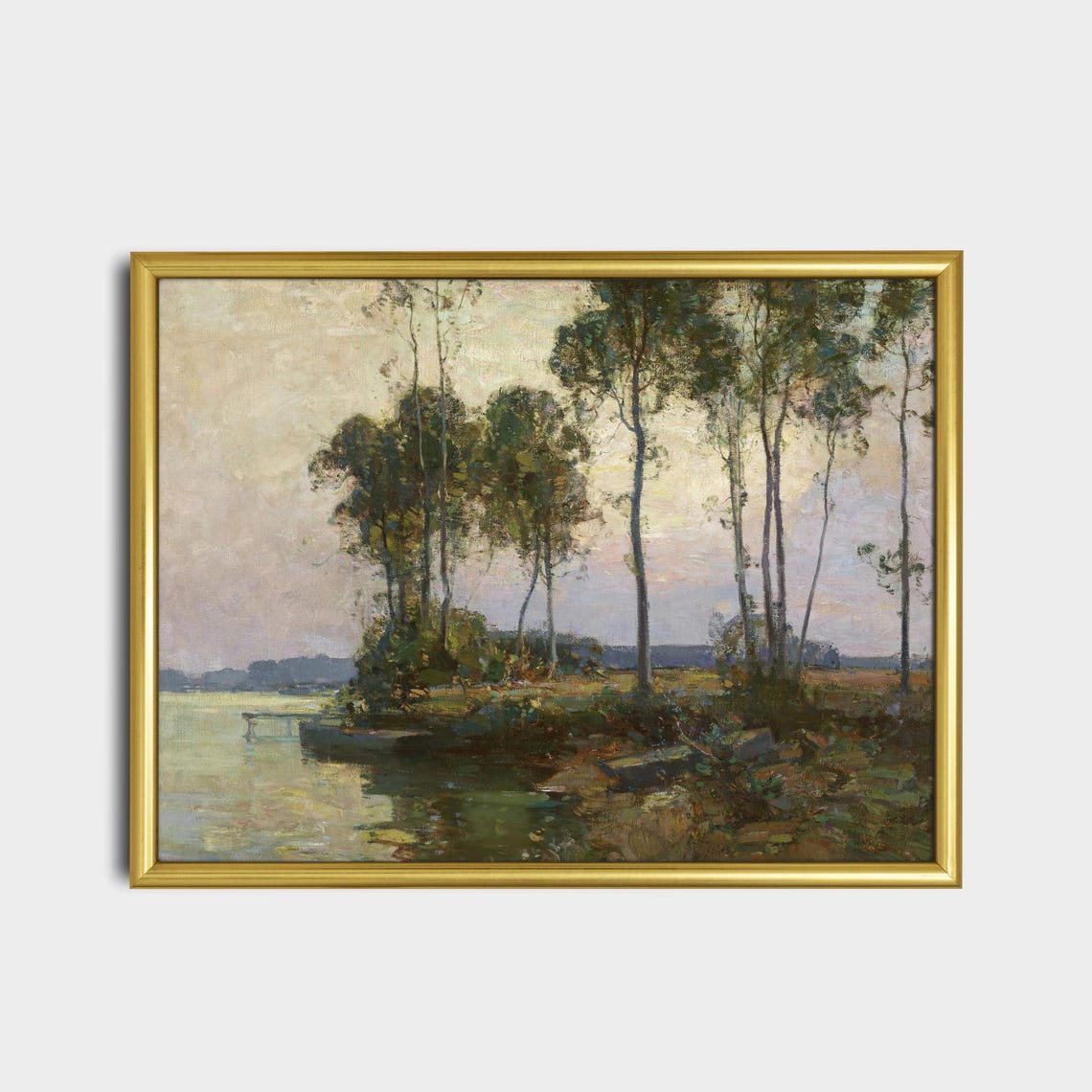 Antique Evening River With Tall Trees Impressionist Art Poster - Image 2