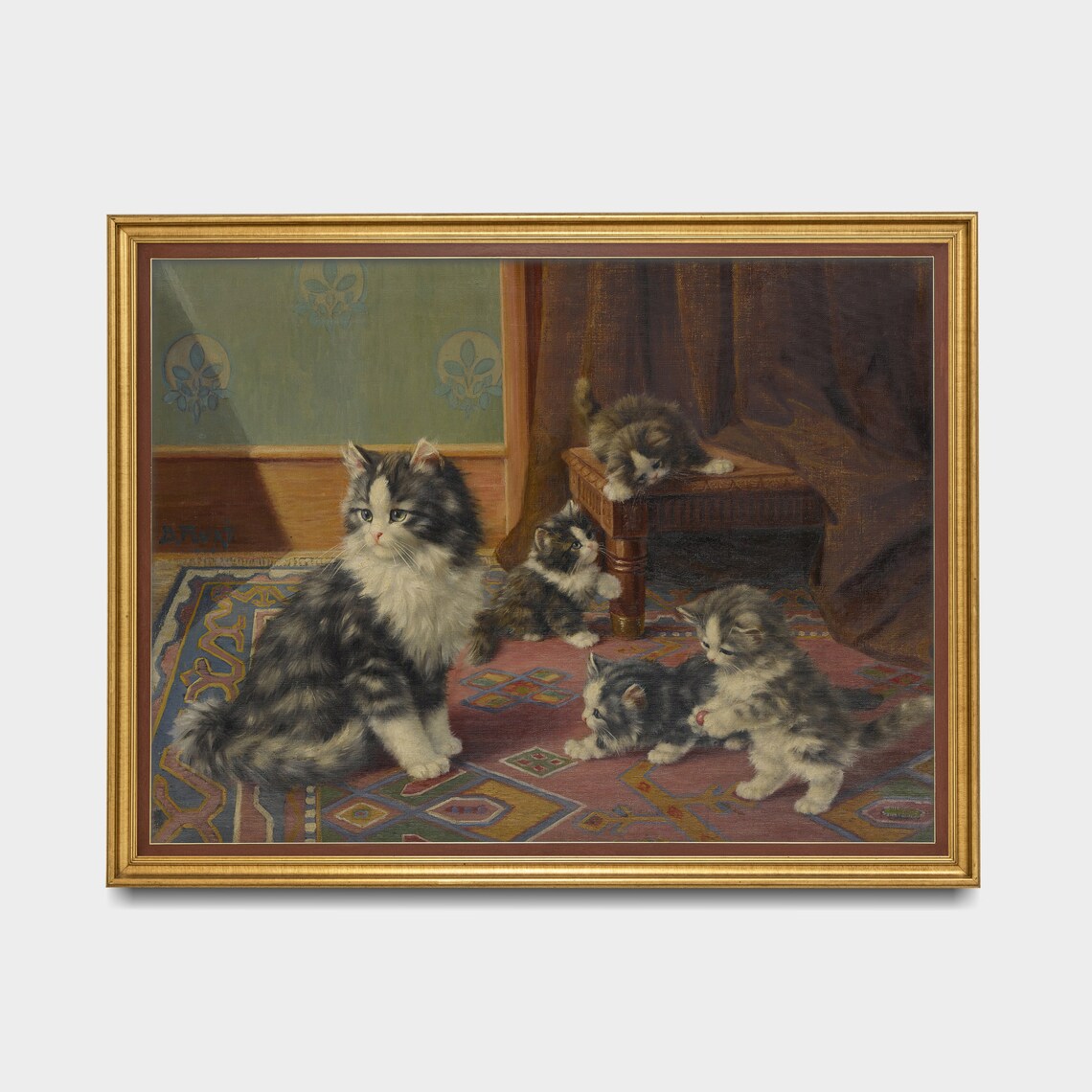 Cute Fluffy Cat and Kittens Playing on Rug Vintage Animal Poster - Image 3