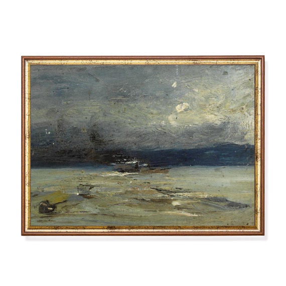 Vintage Seascape Painting Antique Ocean Beach Print Moody Rustic Oil Painting Coastal Decor Wall Art