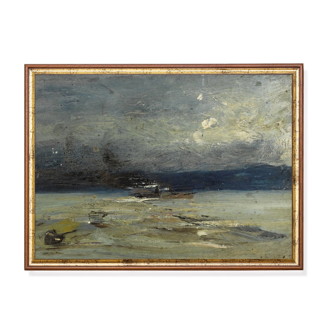 Moonlit Night Seascape with Dark Clouds and a Lone Boat Poster