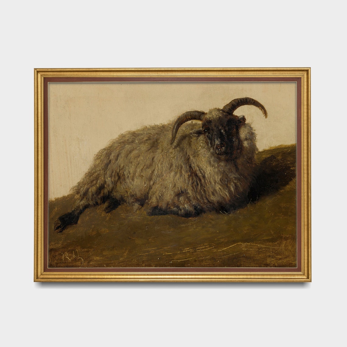 Horned Ram Resting on a Hillside Vintage Farm Animal Oil Poster - Image 5