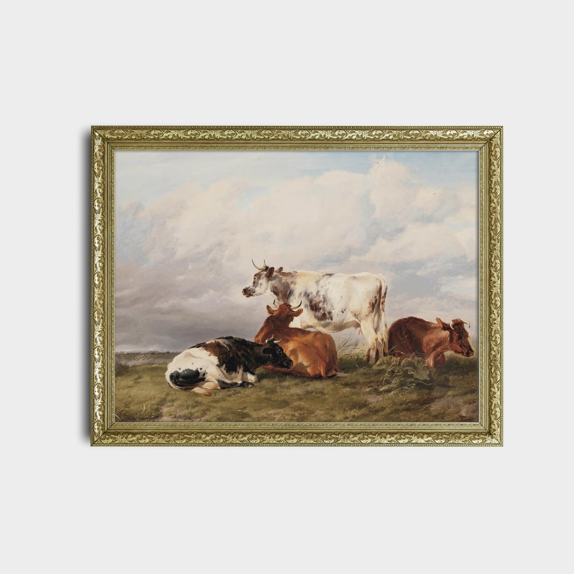 Four Cows Resting in a Meadow Under a Cloudy Sky Vintage Oil Poster - Image 2