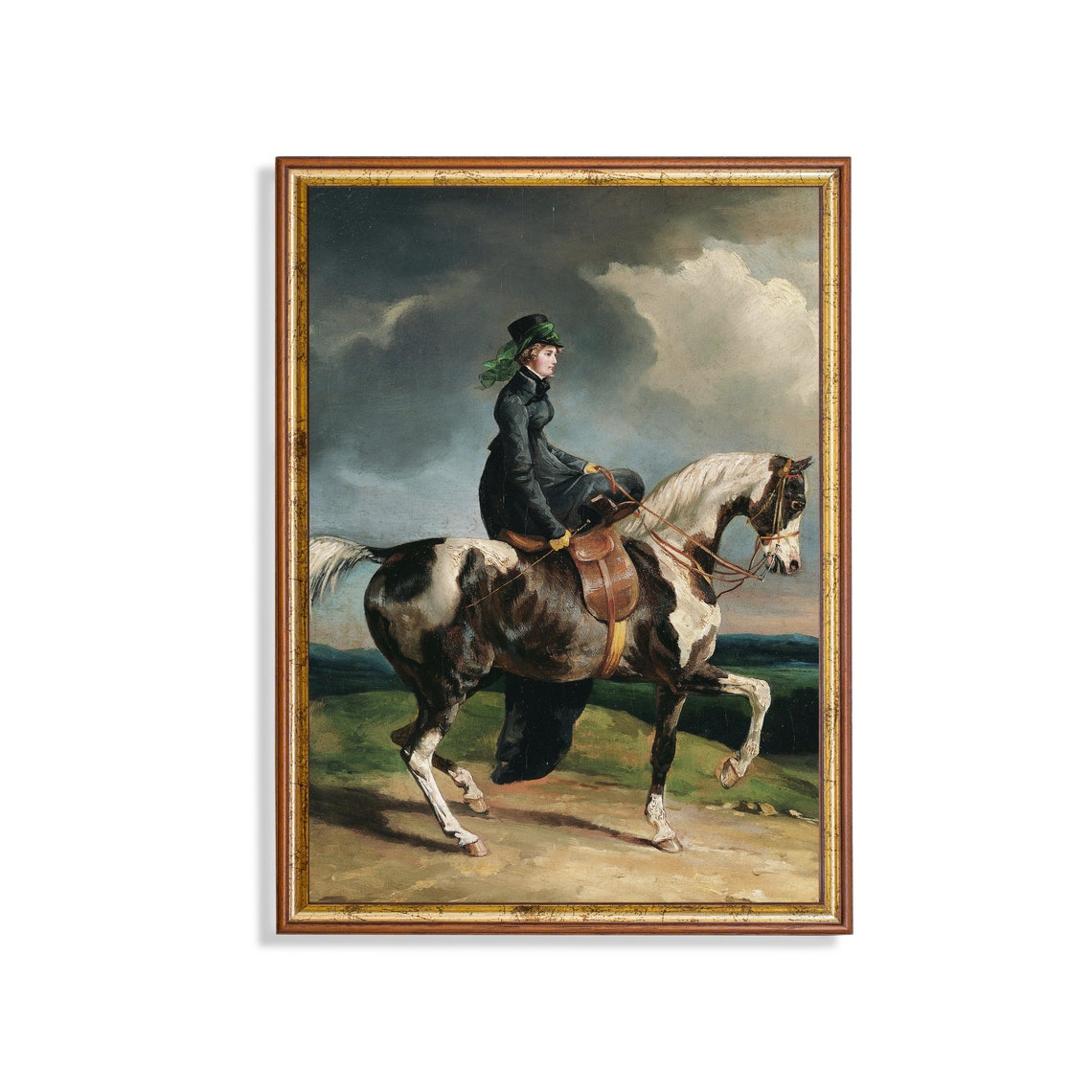 Woman in Riding Habit on a Piebald Horse Beneath Storm Clouds Poster