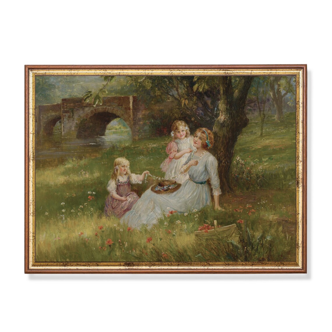 Mother And Daughters Picnic By Bridge Vintage Painting Poster