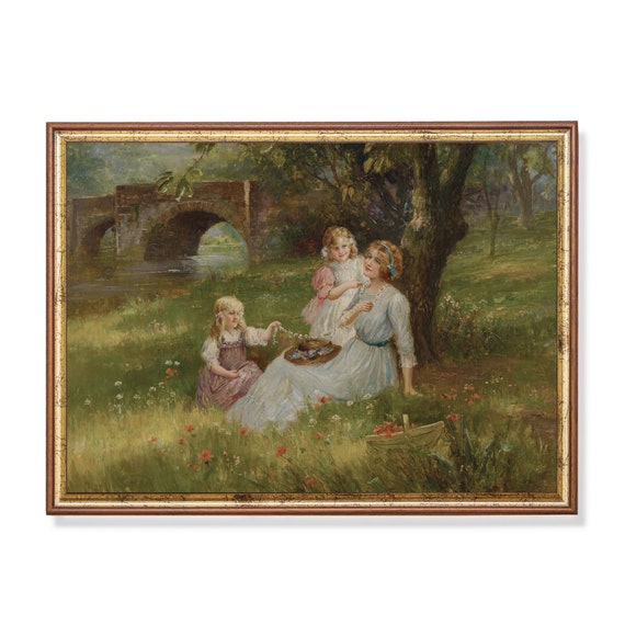 Mailed Print Vintage Portrait Painting Antique Mother And Daughters Print Moody Rustic Print 18th Century Art Printed And Shipped