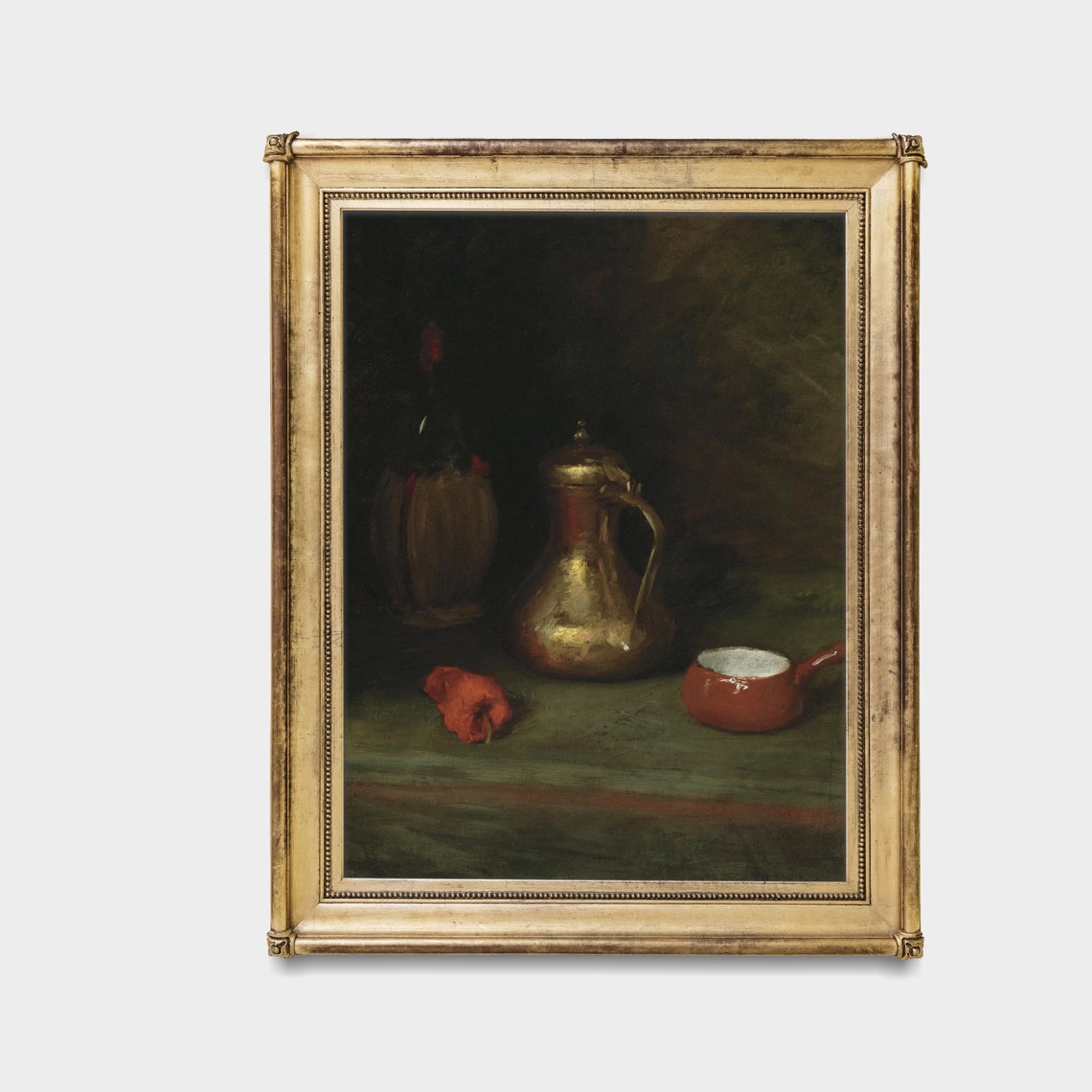 Copper Ewer and Red Bowl in a Dark Still Life Kitchen Painting Poster - Image 3