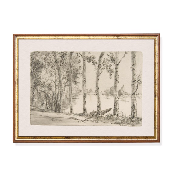 Vintage Landscape Sketch Drawing Antique Tree Forest Print Neutral Artwork Wall Art 19th Century Art