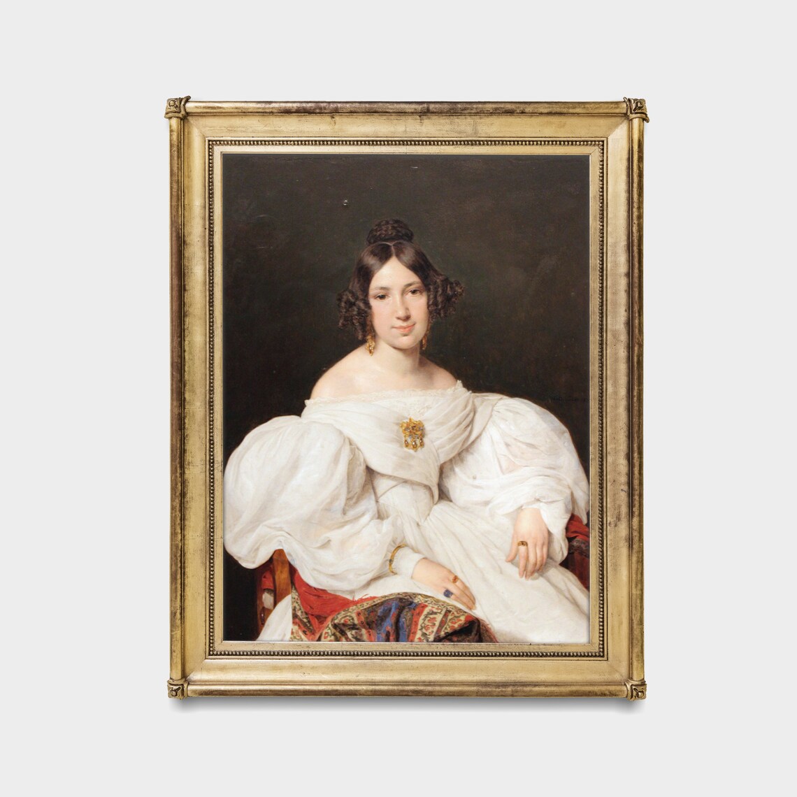 Lady in a White Off Shoulder Dress with Brooch Portrait Poster - Image 3
