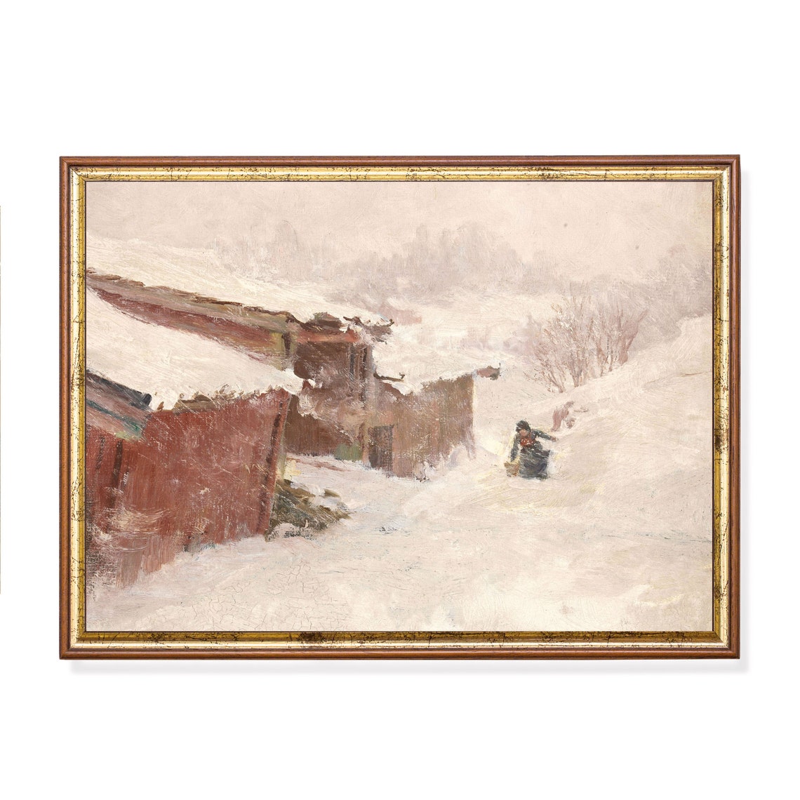 Figure Carrying Basket Through Deep Snow Red Farmhouse Winter Poster