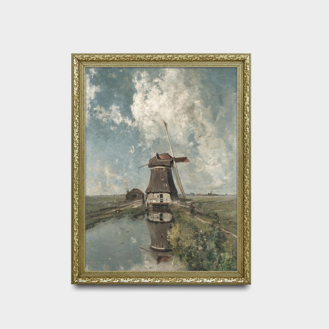 Old Dutch Windmill Reflected in a Still Canal Antique Landscape Poster - Image 2