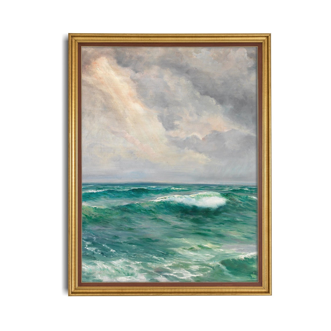 Emerald Ocean Waves Rolling Under a Soft Cloudy Sky Vintage Poster - Image 4