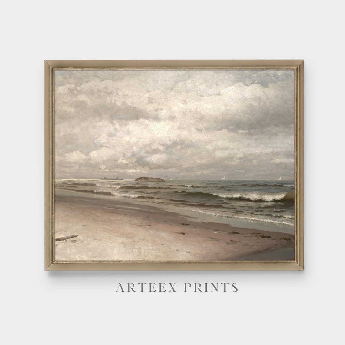 Sandy Beach Under Billowing Clouds with Distant Sailboats Poster - Image 3