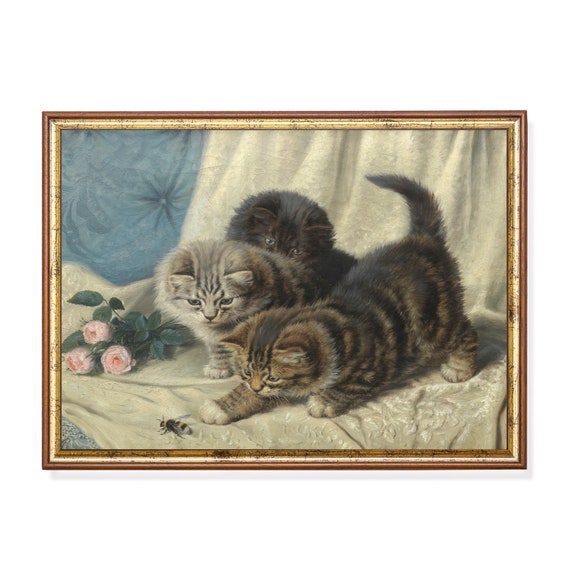 Printed And Shipped Vintage Cats Painting Antique Animal Print Cat And Kitten Moody Rustic Print Farmhouse Decor Physical Prints