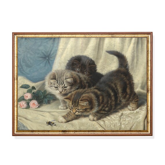 Three Fluffy Kittens Watching a Bee Among Pink Roses Animal Poster