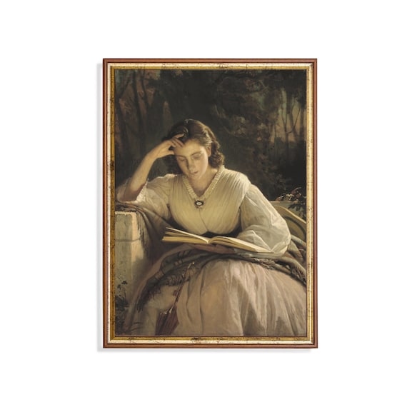 Victorian Woman in White Reading Outdoors Lost in Thought Poster