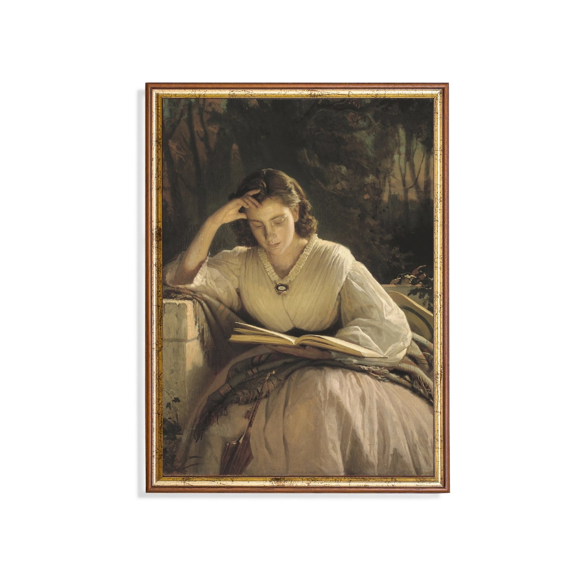 Victorian Woman in White Reading Outdoors Lost in Thought Poster