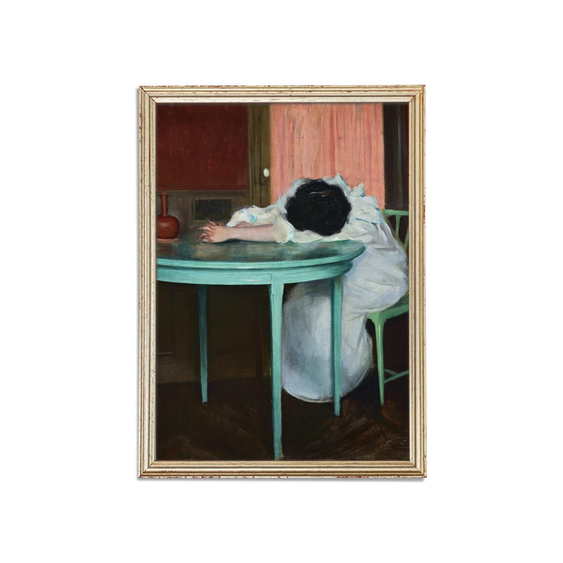 Antique Woman Resting At Green Table Interior Painting Wall Poster - Image 3