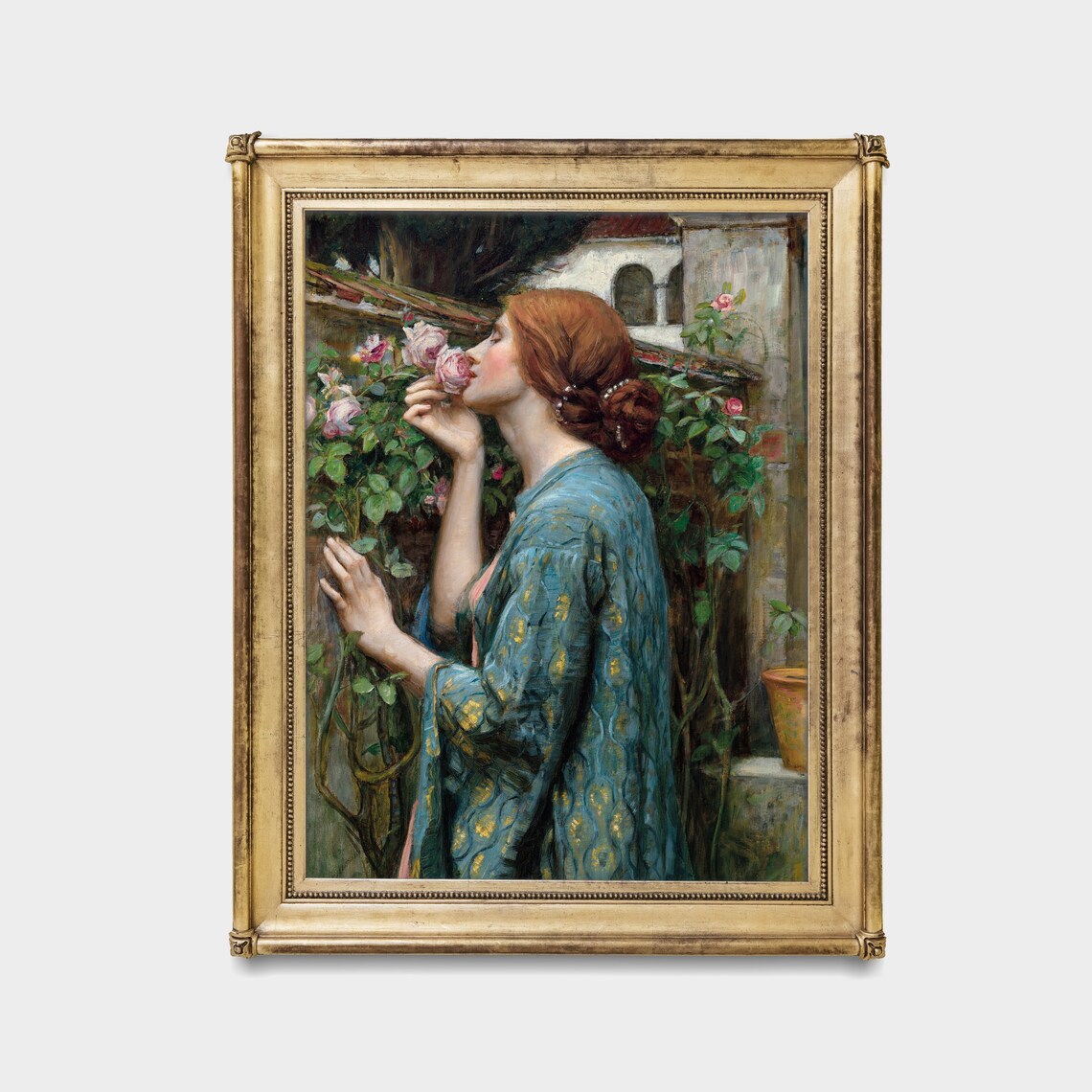Woman Smelling Roses in a Garden Vintage Pre-Raphaelite Style Art Poster - Image 2