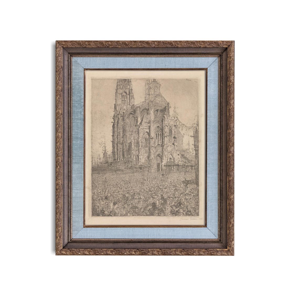 Antique Etching of a Gothic Cathedral with a Crowd Below Poster - Image 5