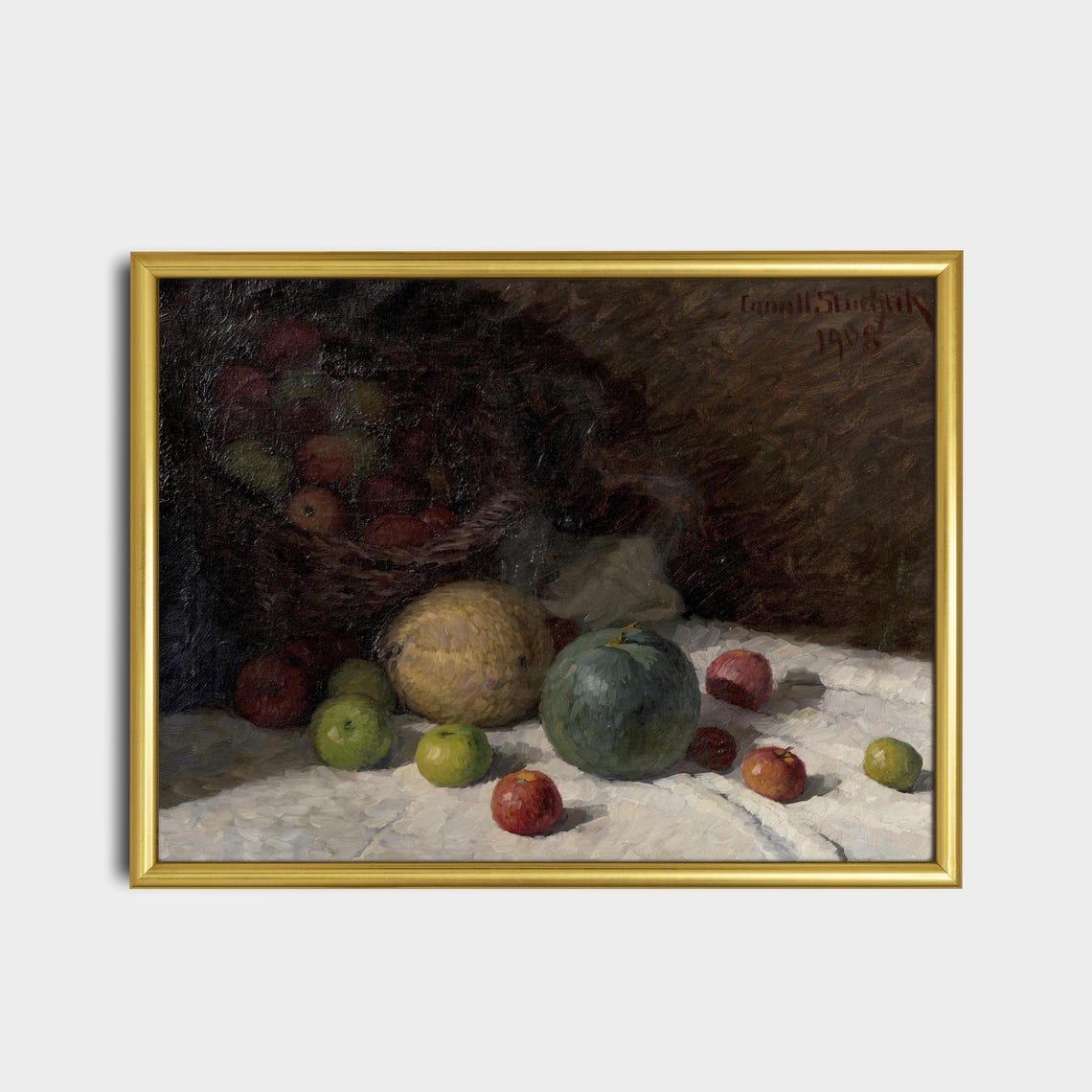 Vintage Fruit Still Life Apples Melons Basket Dark Moody Art Poster - Image 2