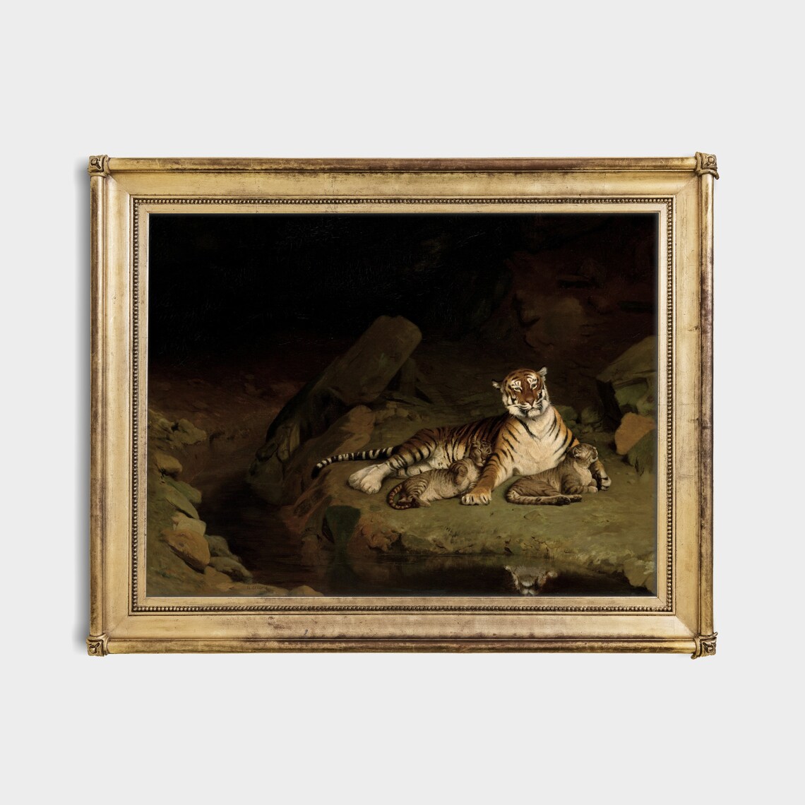 Tigress With Two Cubs Resting Vintage Wildlife Painting Poster - Image 3