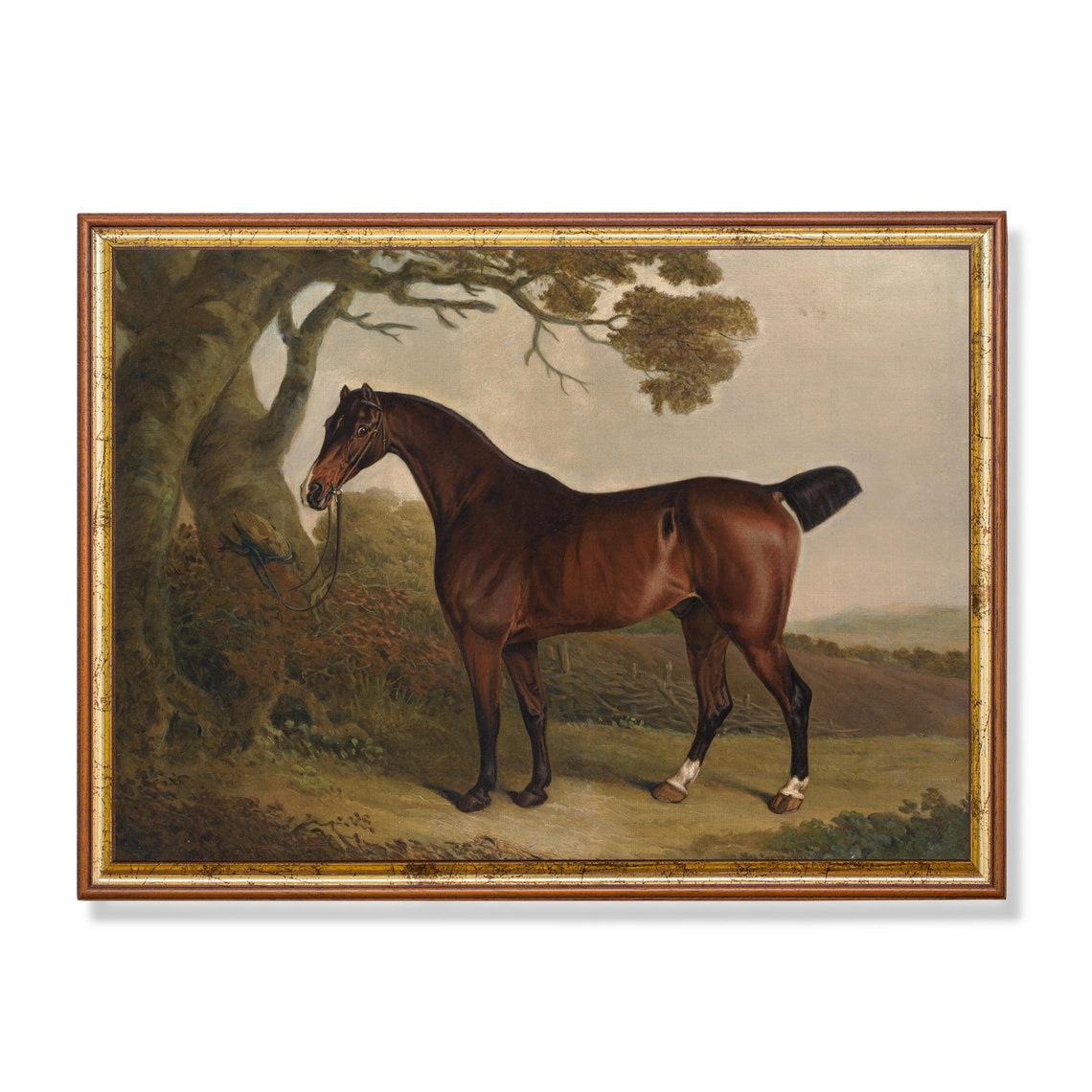Vintage Bay Horse Under Tree Equestrian Painting Wall Poster