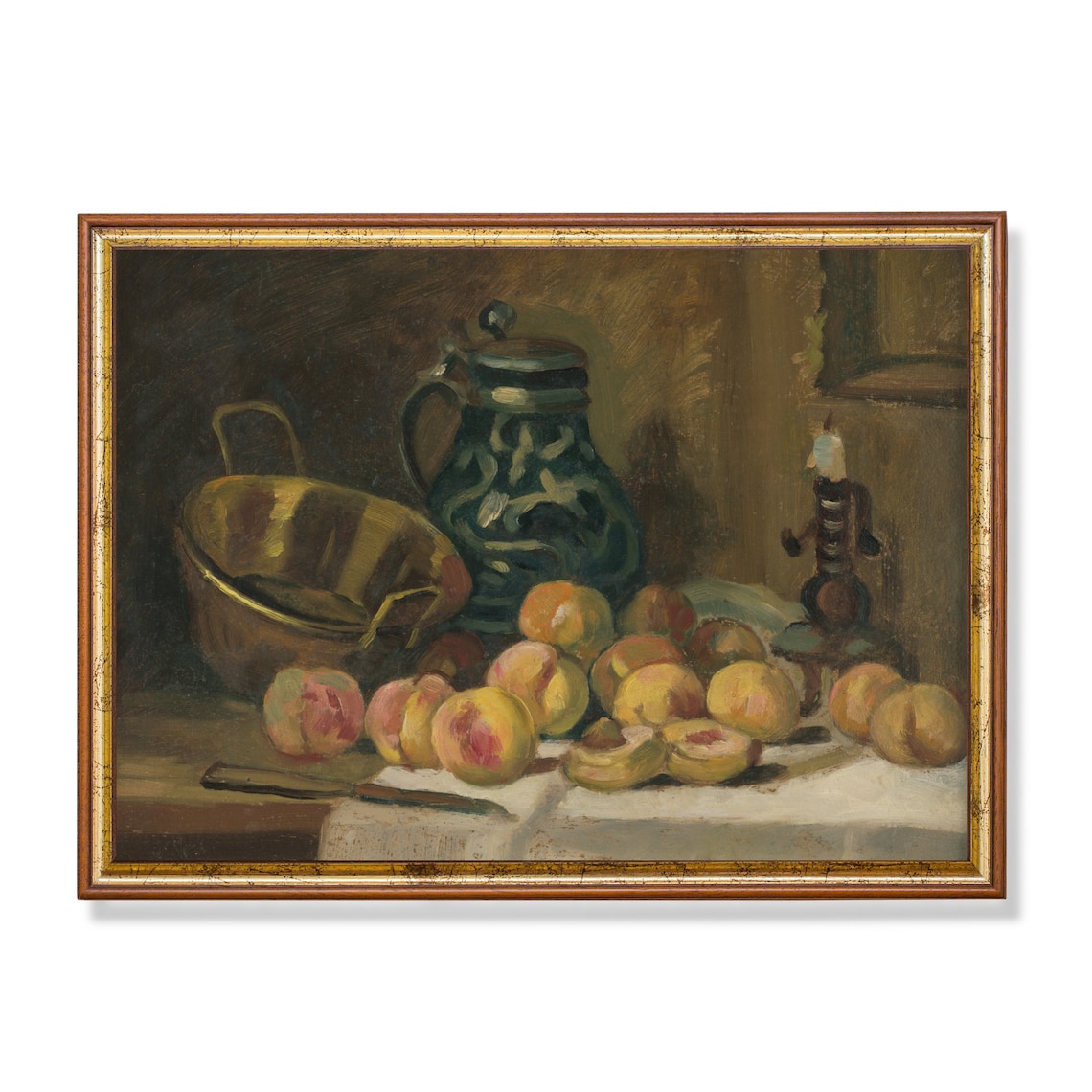 Still Life with Peaches and Blue Ceramic Jug Rustic Oil Poster
