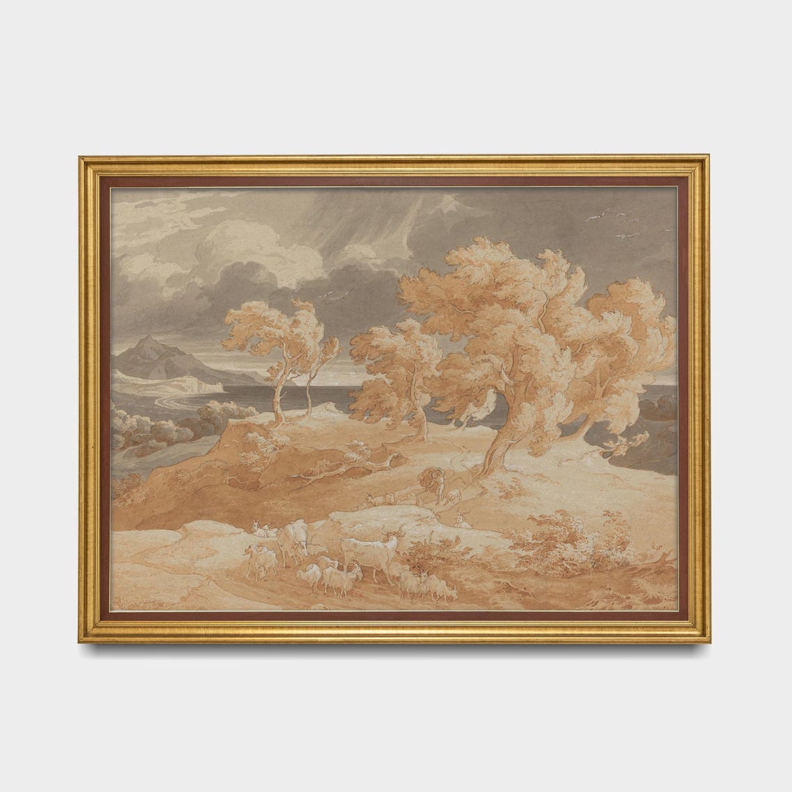 Shepherd with Sheep on Hillside Italian Sepia Landscape Poster - Image 5