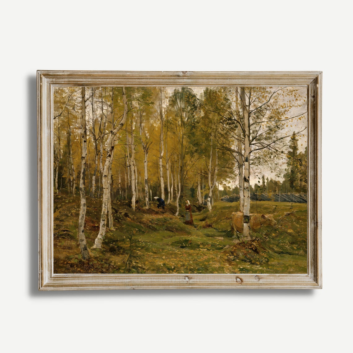 Autumn Birch Forest with Figures Gathering Vintage Painting Poster - Image 3